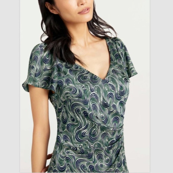 CINQ A SEPT Navy and green‎ KACYDIE swirl pattern surplice midi dress size 10. - Picture 1 of 16